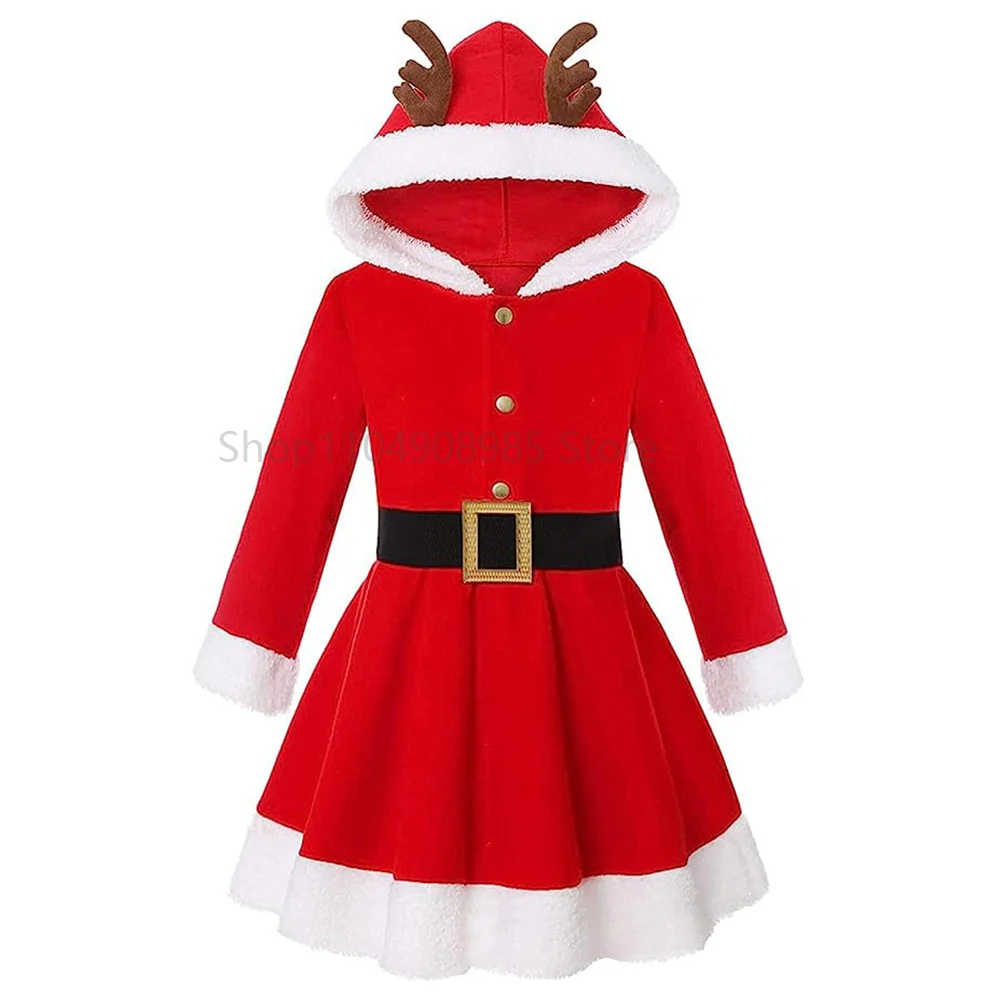 

New Christmas Elk Hooded Long-sleeved Dress With Belt Xmas Girls Cosplay Costume Children Girl Sweet Red Dresses