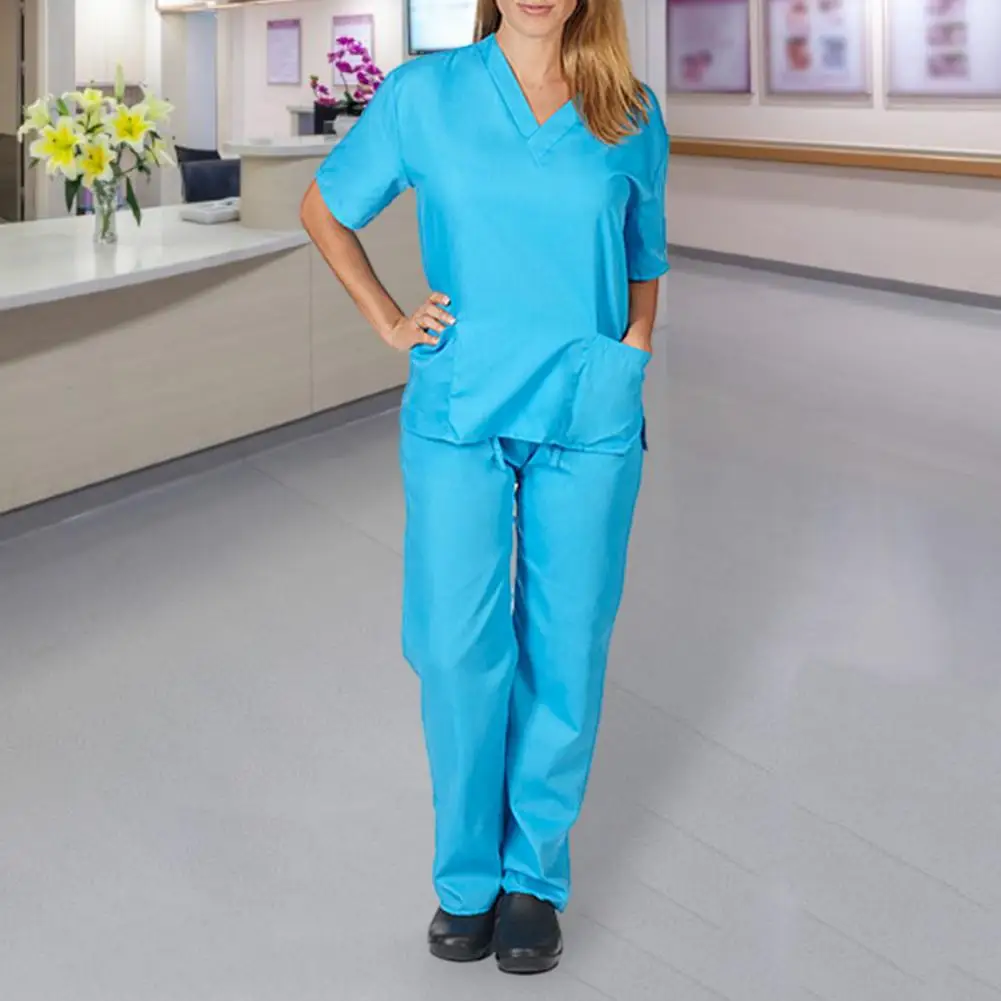 Nurse Outfit Professional V-neck Nurse Uniform Set for Salon Spa Pet Grooming Solid Color Short Sleeve Tops Pants for Work