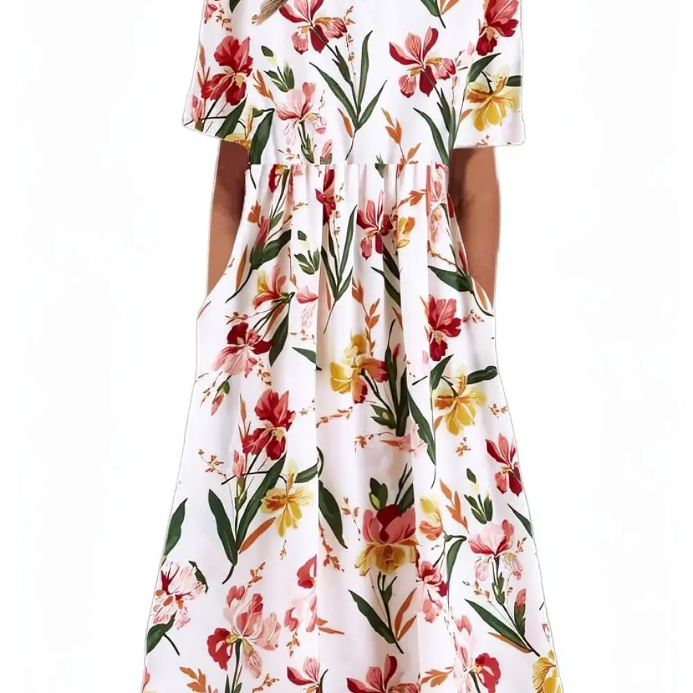Elegant Bohemian Maxi Dress Women Summer Casual Floral Print Round Neck Short Sleeve Loose Beach Long Dresses Ladies Wear