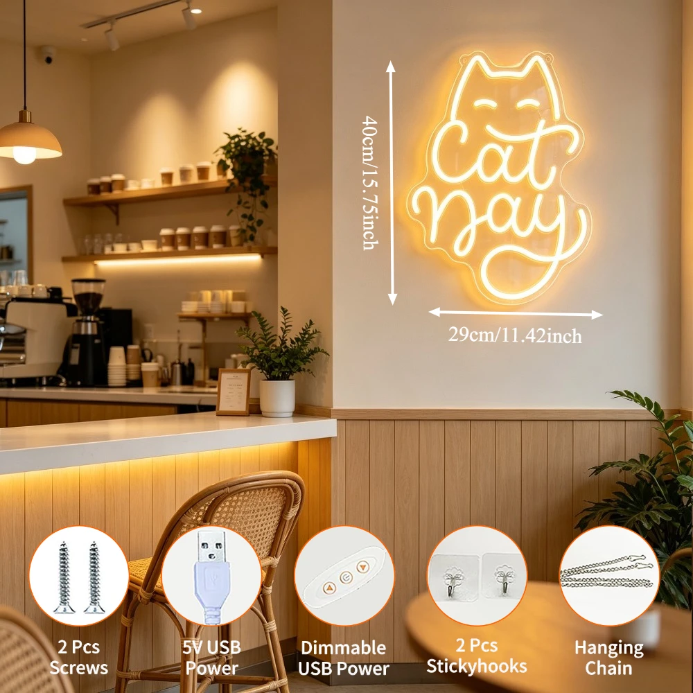 Cat Day Neon Light Sign USB Dimmable Pet Shop Decor LED Neon Light Cat Cafe Girls Bedroom Animal Theme Store Window Display Lamp
