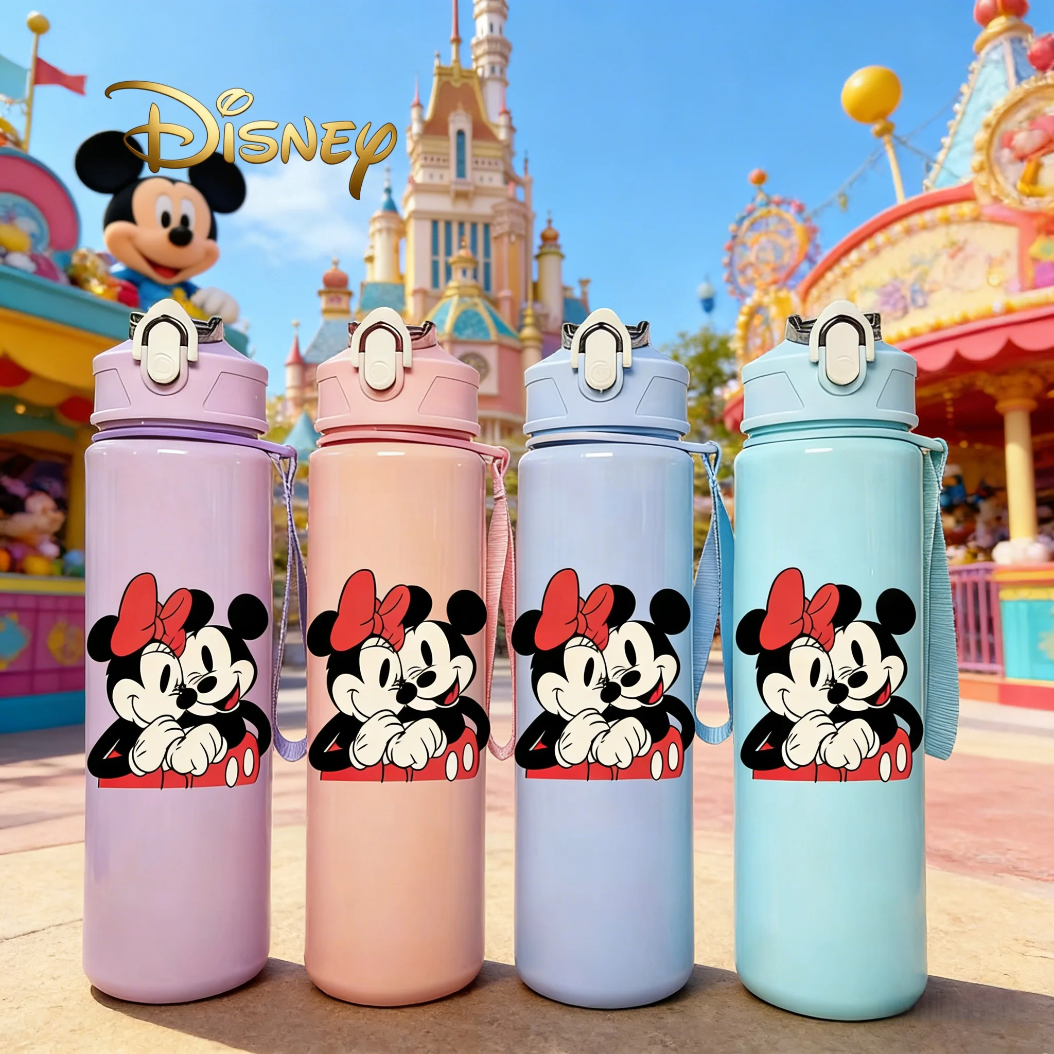 

3D Printed Cartoon Mickey & Minnie Trendy Water Bottle, New Push-Button Lid,Popular Cute Design, Fade-Resistant, Reusable Travel