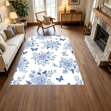 Blue Hydrangea Butterfly Watercolor Carpet Floral Plant Non-Slip Floor Carpet Suitable for Bedroom Living Room Home Decoration