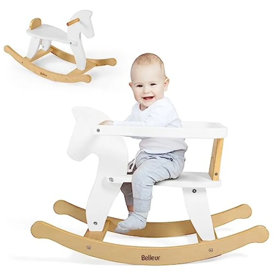 Rocking Horse for 1-3 Years Old, Wooden Rocking Toy for Toddlers with Removable Fence for Indoor and Outdoor Activities, Baby H