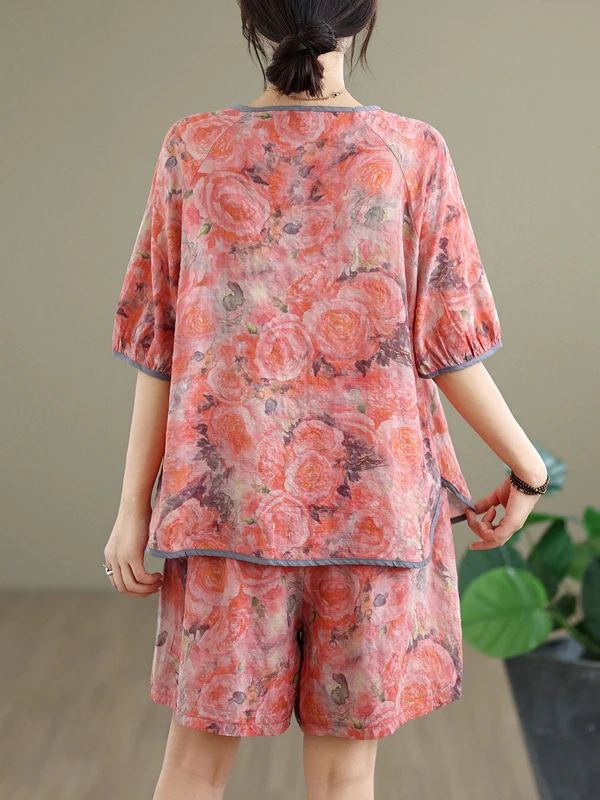 

Faionable Cotton Linen Print Set ort Sve round Ne Футболка с эластичной резинкой на талии и широкими штанинами, комплект из двух предметов больших размеров