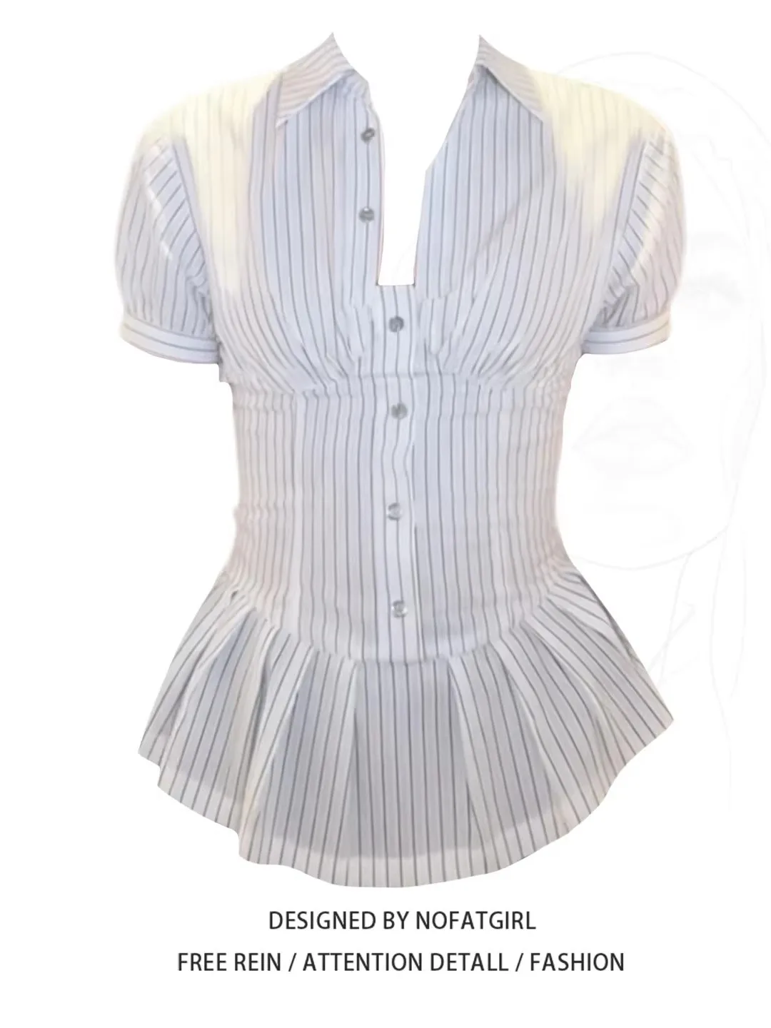 

plus Size Women's Korean Striped Bubble Sleeve Shirt Short Sleeve Turn-down Collar Slimming Design Casual Breathable Top