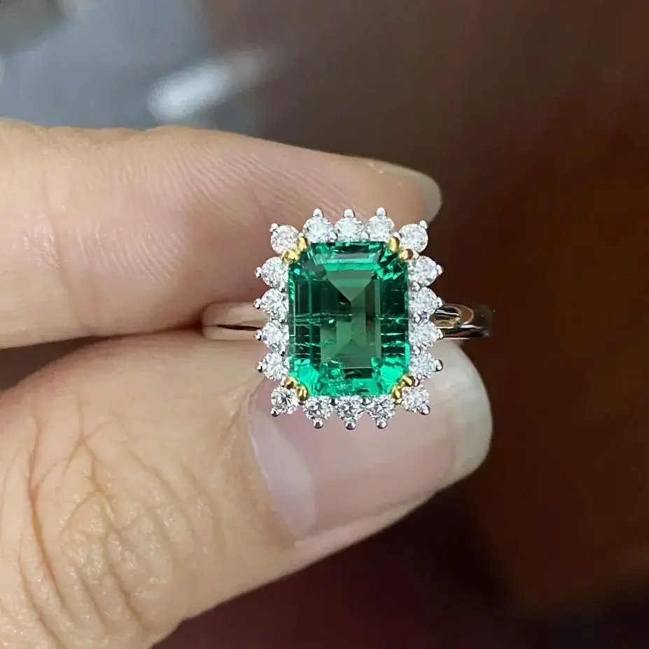 S925 Rings 7x9mm Lab Hydrothermal Emerald Stone Ring Small Moissanite Diamonds Fine Jewelry