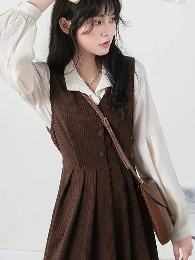 Dresses Sets Women 2pcs Leisure Preppy Design Sweet Retro All-match Chic Ulzzang Folds Shirts Simple Pure Midi Vestidos Students