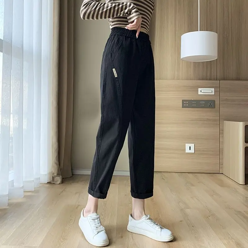 New Temperament Summer Casual Women's Fashion Versatile Solid Color Pockets Elastic High Waist Loose Straight Harun Crop Pants