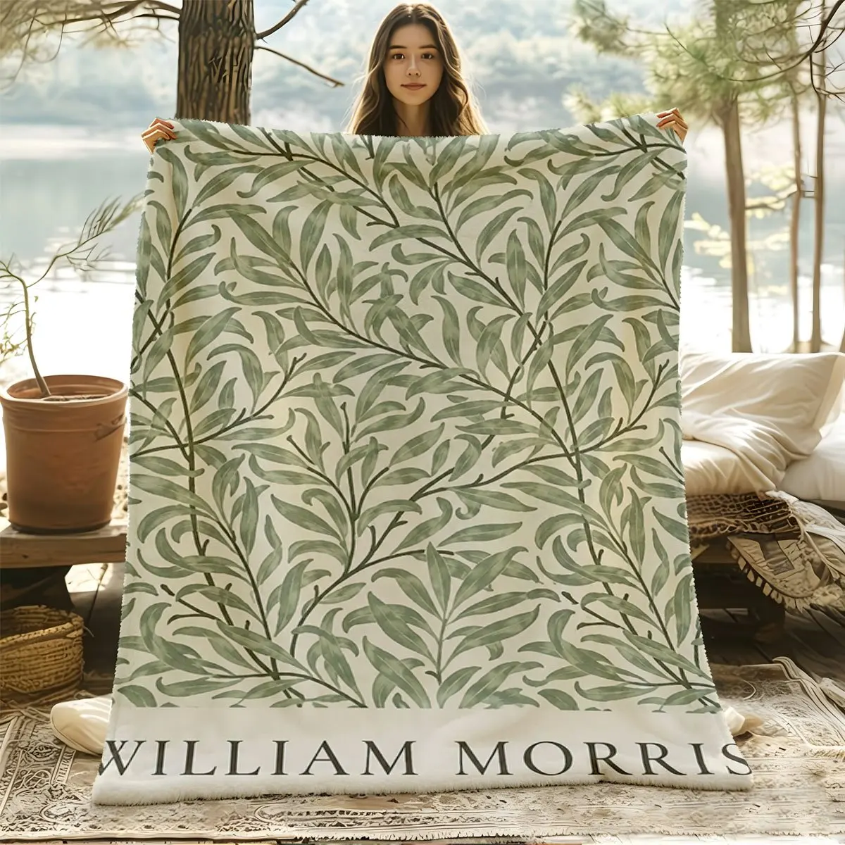 One William Morris-designed Willow Branch Pattern Throw. Perfect for Relaxing on the Sofa, Adding a Natural and Elegant Touch to