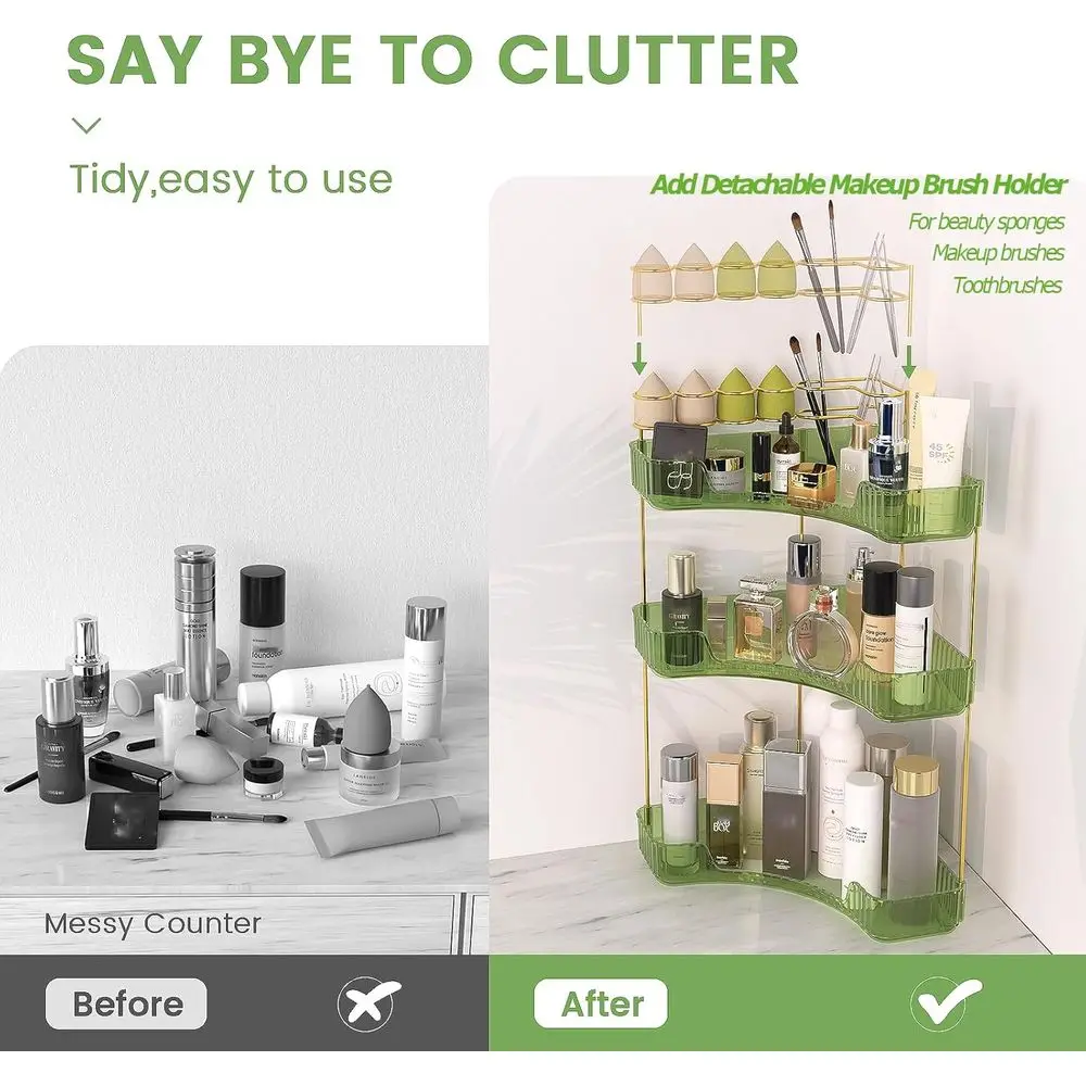 3-Tier Bathroom Organizer Countertop with Makeup Brush Holder, Counter Storage - Green
