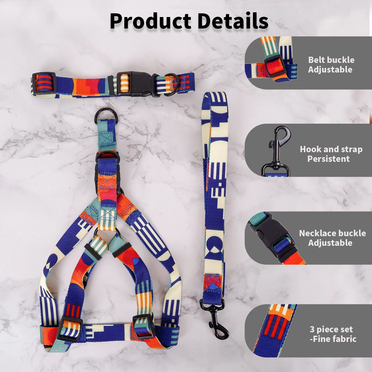 1PC abstract chest and harness three-piece set of geometric pattern multi-color splicing pet chest and harness collar with