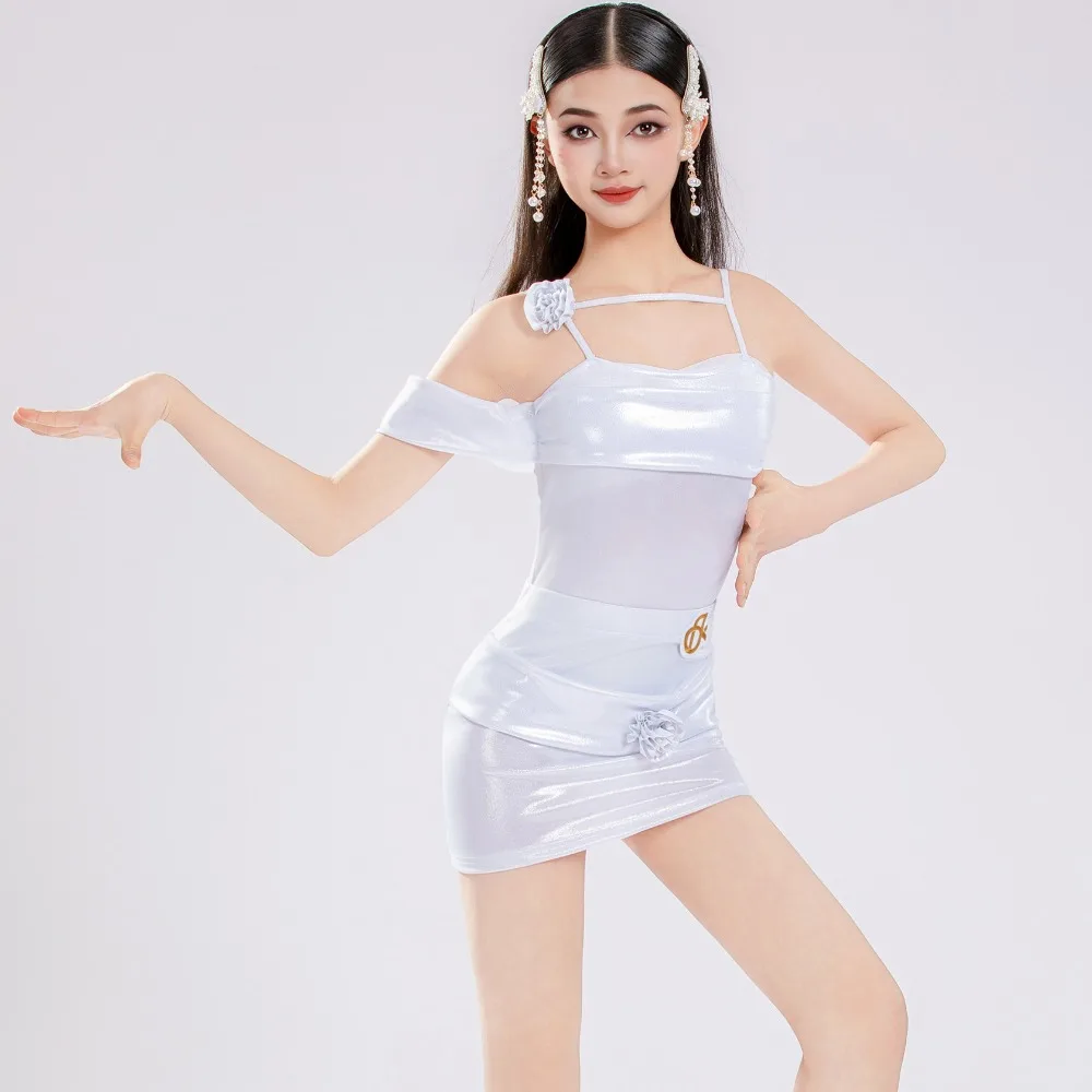 

Kids Latin Dance Dress, Pink Shiny 2 Piece Set Girls Salsa Samba Cha Cha Practice Wear, Spaghetti Strap Latin Dance Costume