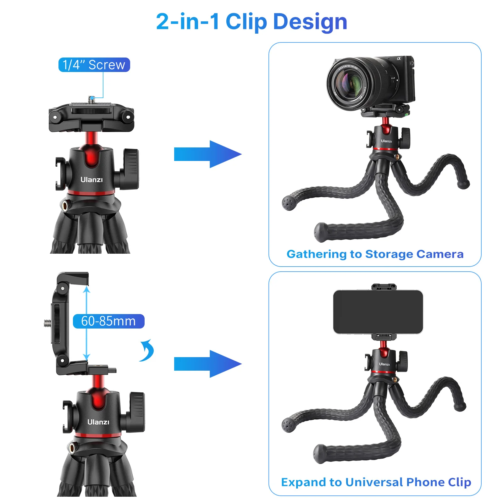 Ulanzi MT-33 Flexibele Octopus Statief Monopod Mount Ballhead Met Sider Koude Schoen 1/4 ''Schroef Telefoon Houder 2 In 1 ontwerp Statief