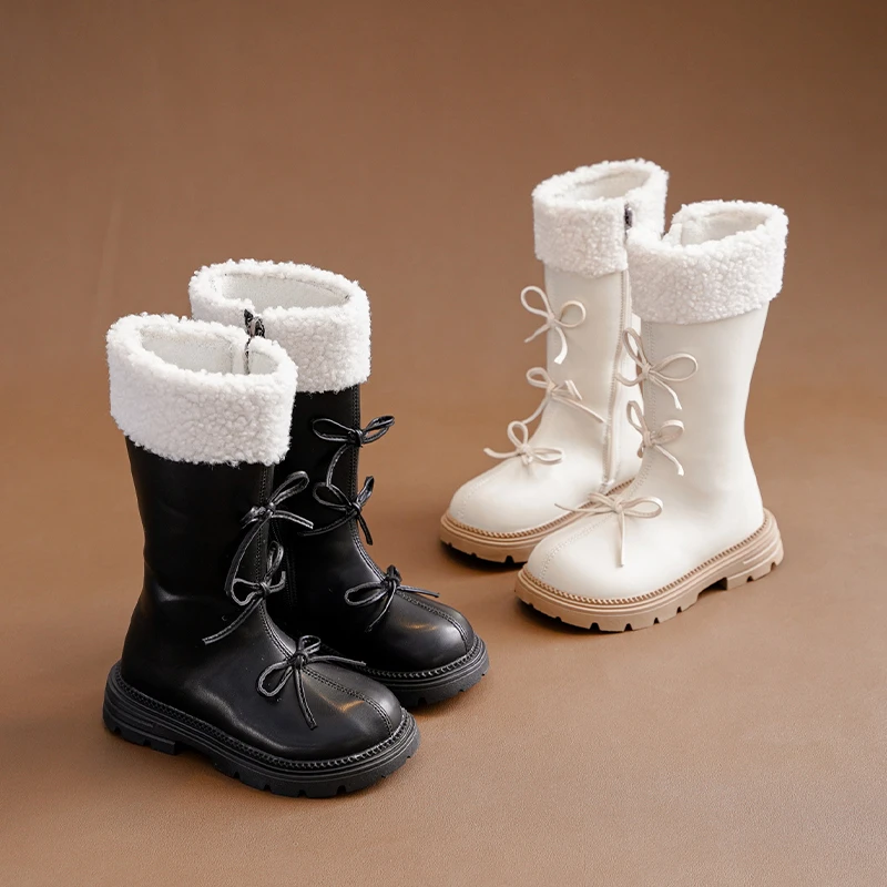 New Girls Plush Boots Winter Sweet Bowknot Princess Fashion Children Causal Long Boots Catwalk Dress Versatile Kids Cotton Boots