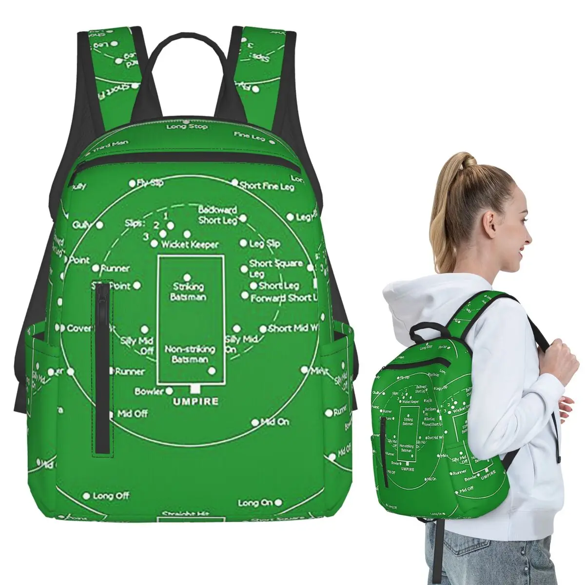 CRICKET PITCH POSITIONS- Fielding Positions Diagram Backpack Student BookBag Boys Girls School Bag Computer Shoulder Bags