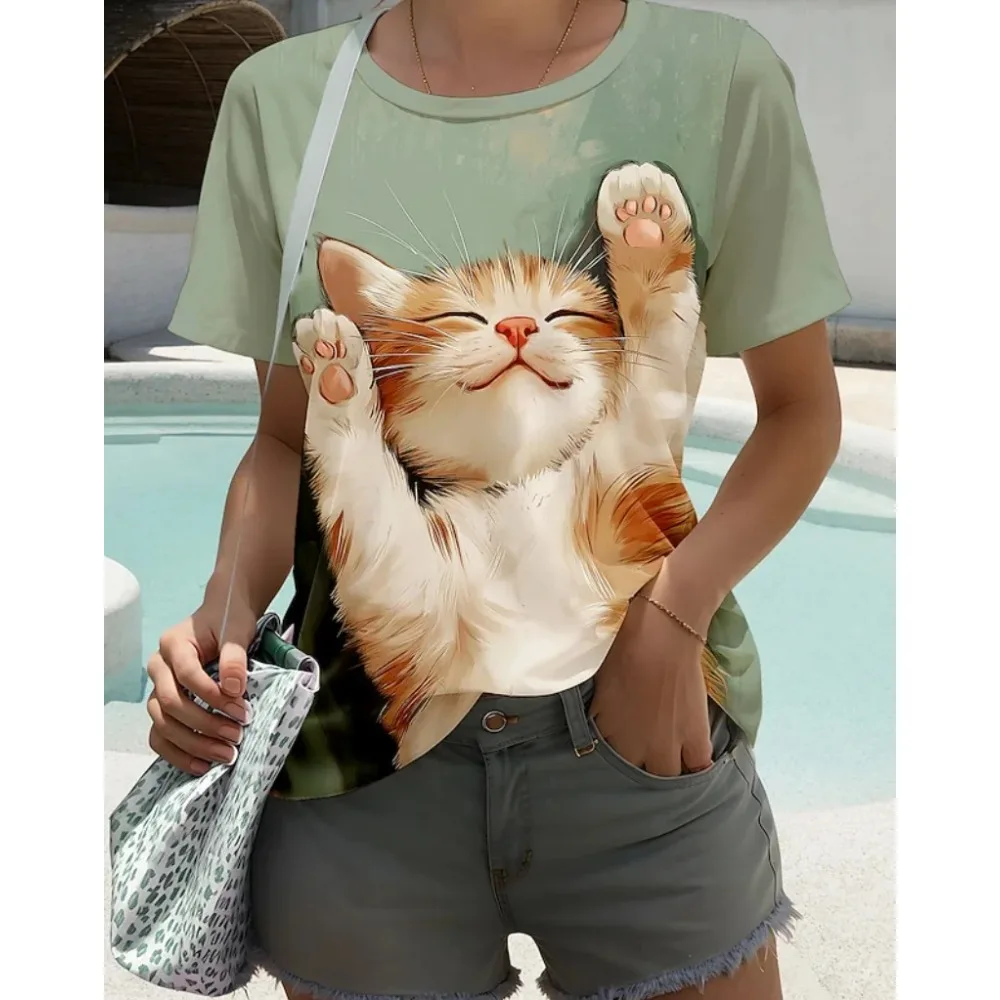 

Футболка женская с коротким рукавом, летние уличные повседневные топы с 3D животным принтом и рисунком кошки, женская одежда больших размеров, уличная одежда Y2K
