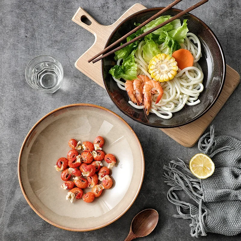 

Japanese-Style Ceramic Shallow Bowl, Large Salad Bowl, Creative Cold Noodle Bowl, Retro Household, Commercial