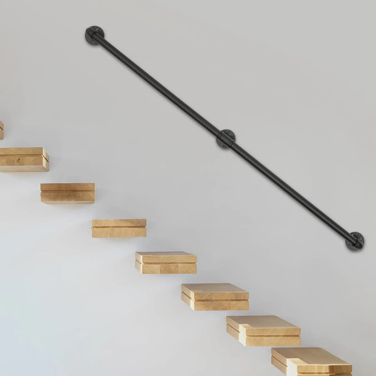 5ft Black Pipe Stair Handrail, Wall Mount Black Galvanized Industrial Hand Rail Iron Loft Pipe Handrail, Metal Railing Non-