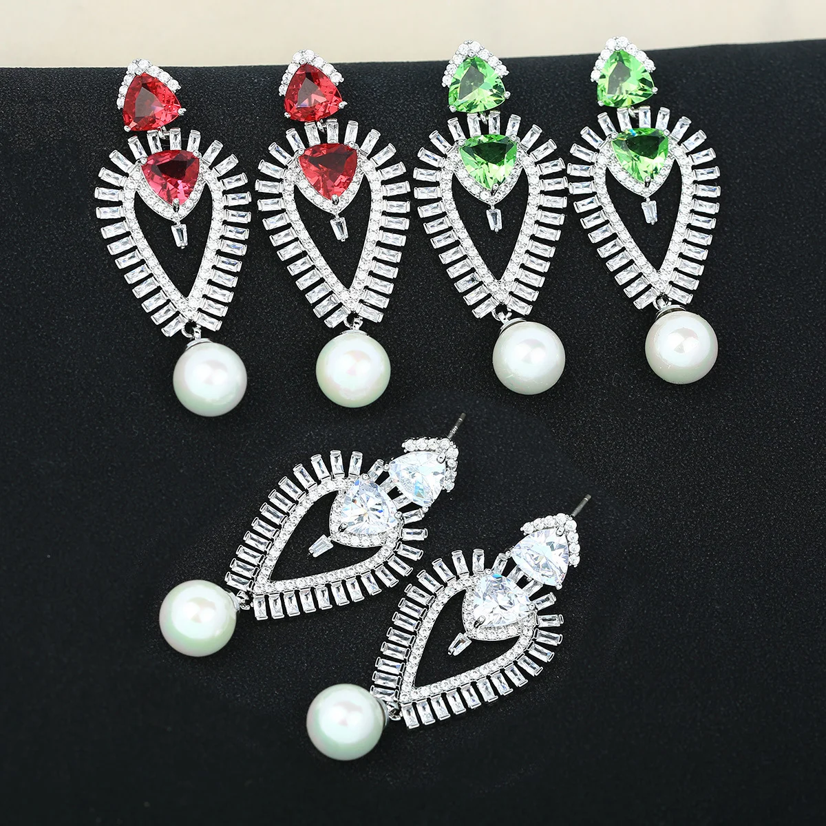 

925 Silver Needle Multi-color Triangle Gemstone Pearl Drop Earrings, Silver Tone Fashion Jewelry for Women Daily Party Wear