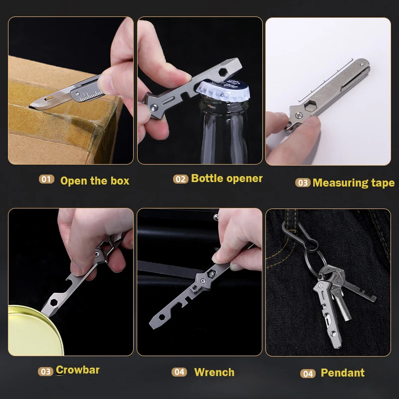MINI cuchillo plegable de aleación de titanio 8 en 1, abridor de botellas multifuncional, regla, llave de palanca EDC, herramienta para exteriores de autodefensa