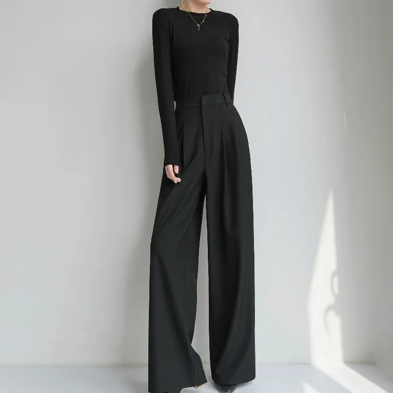 Novo quatro estações preto cintura alta alta casual pendurado calças para mulheres ao ar livre de alta qualidade versátil calças largas perna