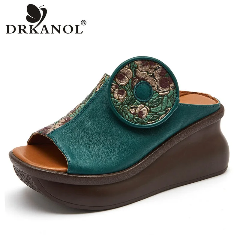 

DRKANOL National Style Women Slippers Summer Sandals Printing Genuine Leather Height Increasing Wedges Outside Casual Slides