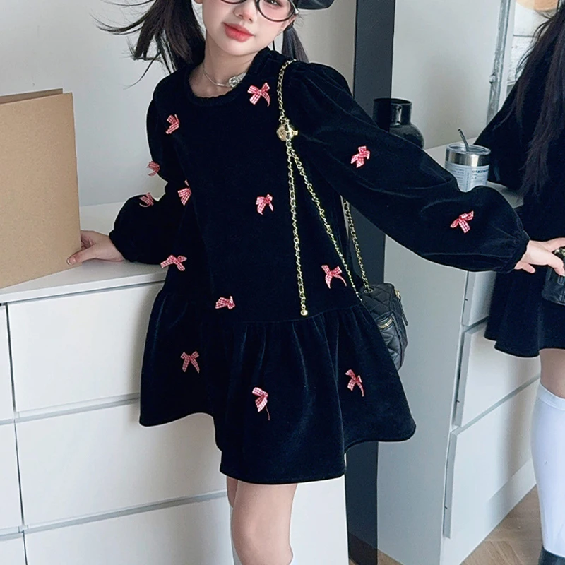 Girls\' Velvet Dress Spring and Autumn New Style Bow Sweet Cool Girls\' Black Velvet Dress Bottom Round Neck Christmas Festival