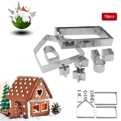 10pcs/Set 3D Gingerbread House Cookie Cutters Stainless Steel Christmas Biscuit Mold Easter Fondant Confectionery Bake Tools