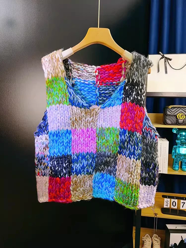 

Patchwork Sweater Vest Handmade Thick Needle Multi Color Plaid Knitted Sleeveless Tops Fashion Trends V-neck Women Jumper
