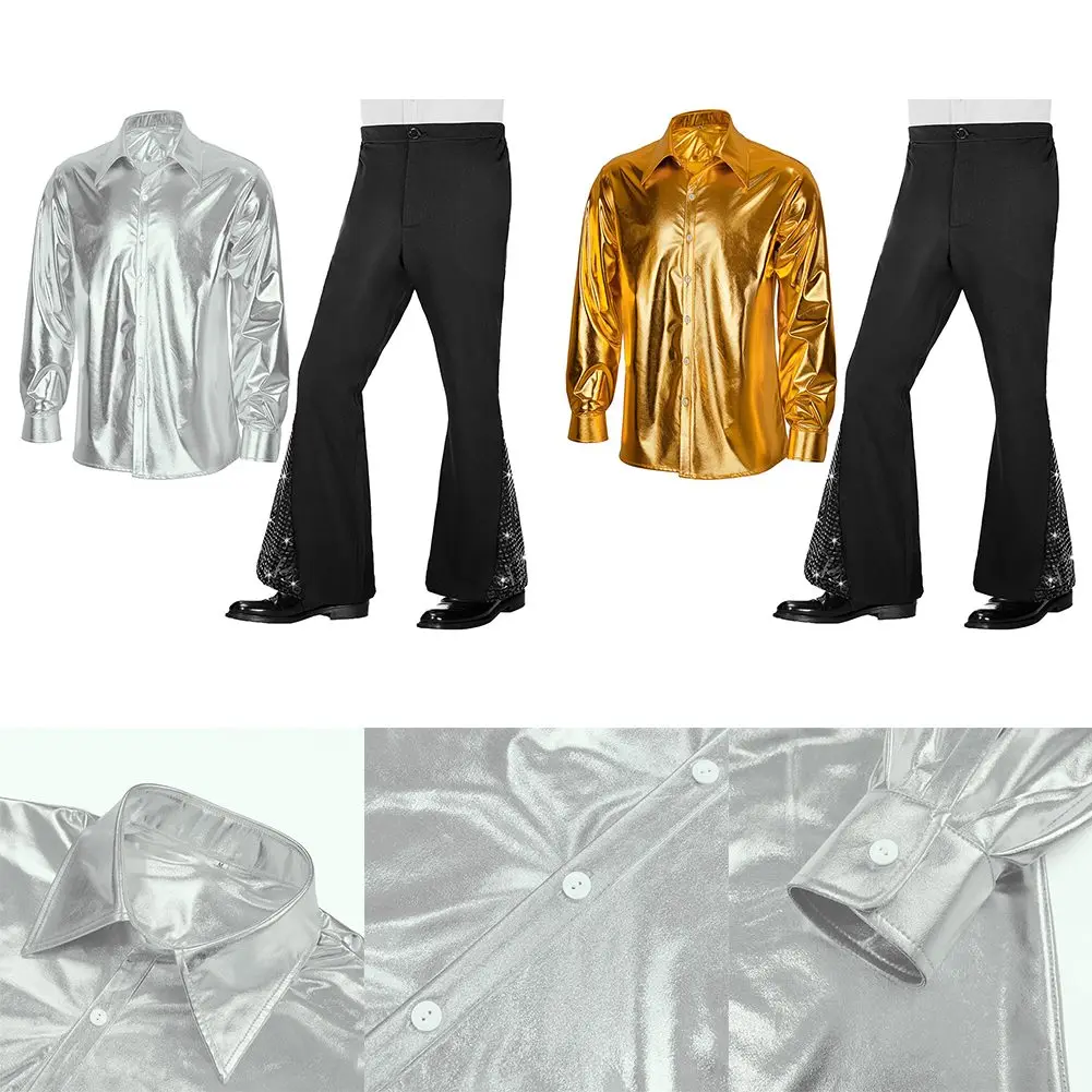 2PCS/SET Men Glossy Shirt And Sequin Bell Bottom Pants Retro Vintage Hippie Carnival Party Disco Shirt+Pants Set