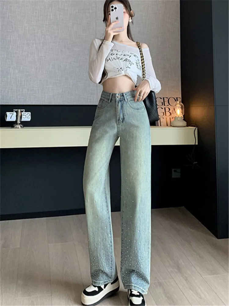 New Design Sense Heavy Industry Hot Rolled Diamond High Waist Loose Wide Leg Pants Straight leg Jeans Long Trousers for Women