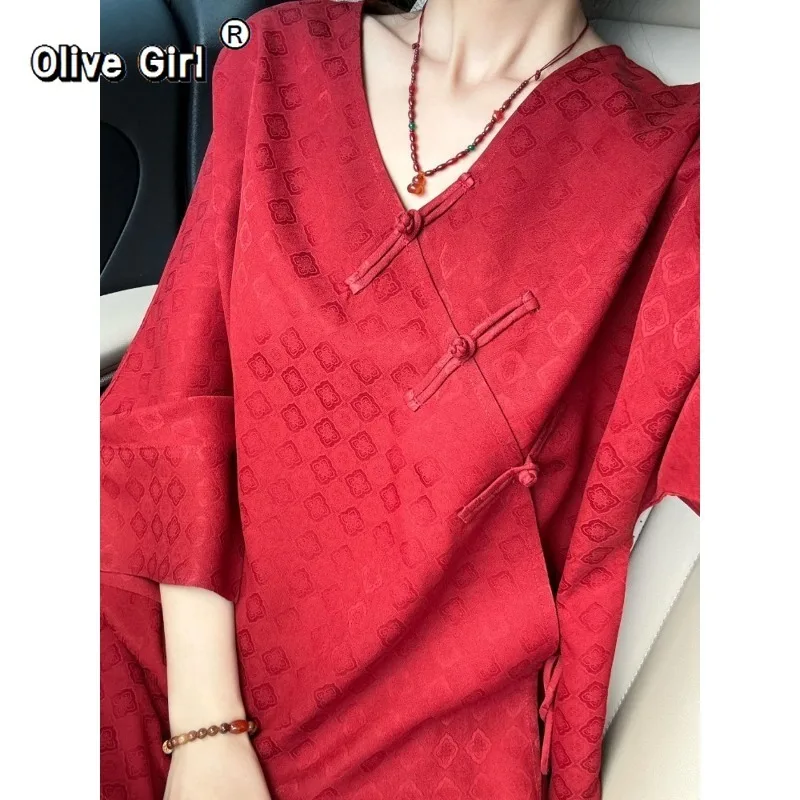 

Olivegirl Women's Red Shirt 2026 Spring Festival Diagonal Button Jacquard Blouse Top High-end Loose Clothing