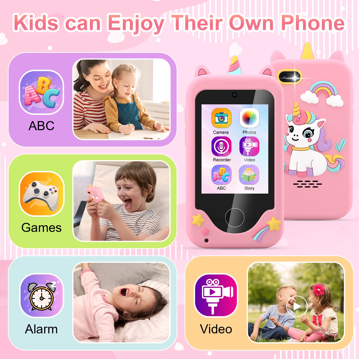 Cute Unicorn Kids Mobile Toy Touchscreen Dual Camera MP3 Educational Games Smart Phone Gift For Boys Girls Age 3-8
