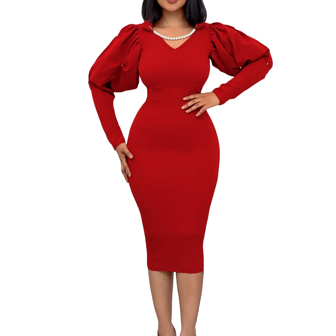 

Red Green Black Polyester African Dresses for Women Summer Autumn African Women Long Sleeve V-neck Knee-length Dress