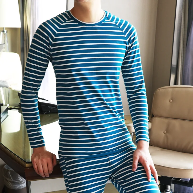 New Thermal Underwear Bottoms Cotton Sweater Striped Men's Slim Fitting Warm Clothe Winter Set Sleepwear Lingerie Home Nightwear