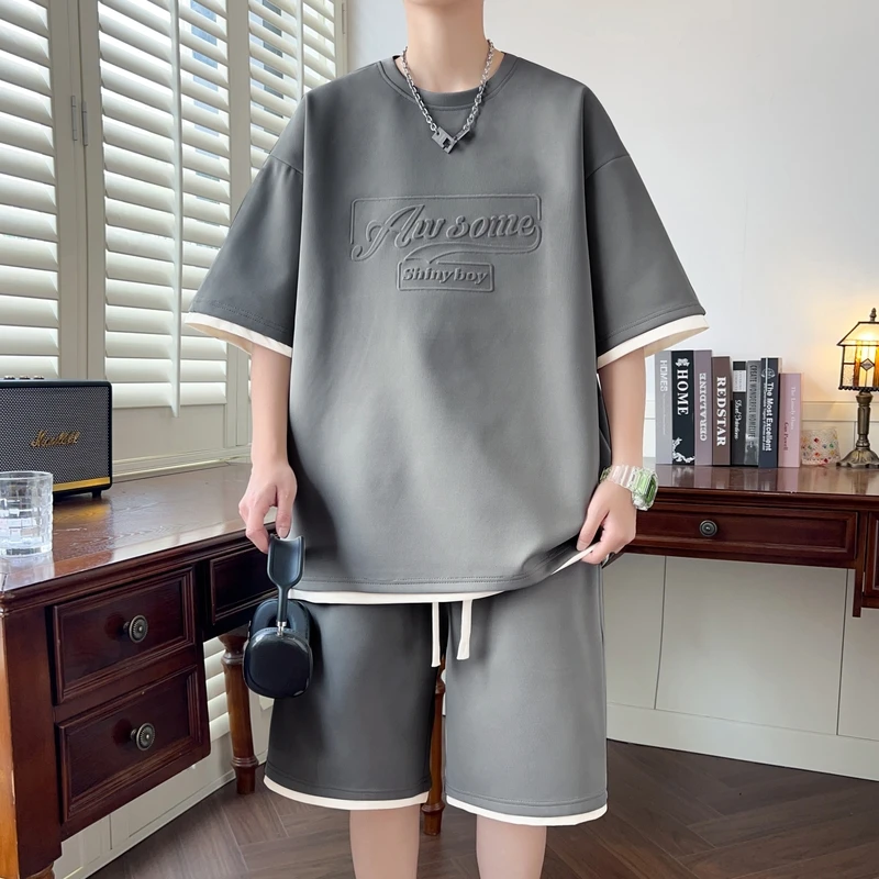 Men 2 Pieces Sets Summer Casual Tracksuit Men O-neck Letter Foaming Print T-shirt Elastic Drawstring Waist Wide-leg Shorts Suits