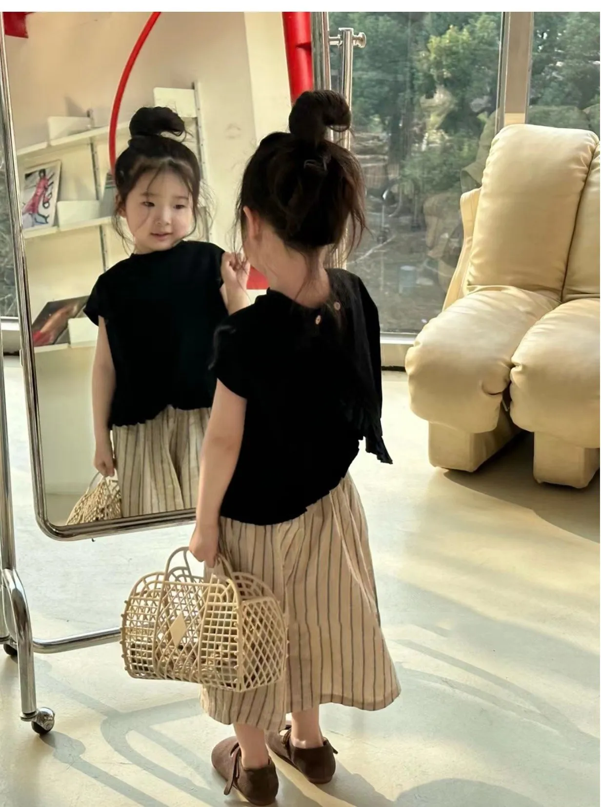 Summer Fashion Baby Girls Black Short-Sleeved Shirt Tops+Loose Striped Cropped Pant Set Kids Tracksuit Child 2PCS Outfit 2-8 Yrs