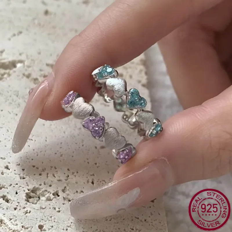 

New Jewelry Vintage Brushed Love Purple Diamond Ring Ring Full Circle Peach Heart Old Money Style Light Luxury S925 Silver Woman