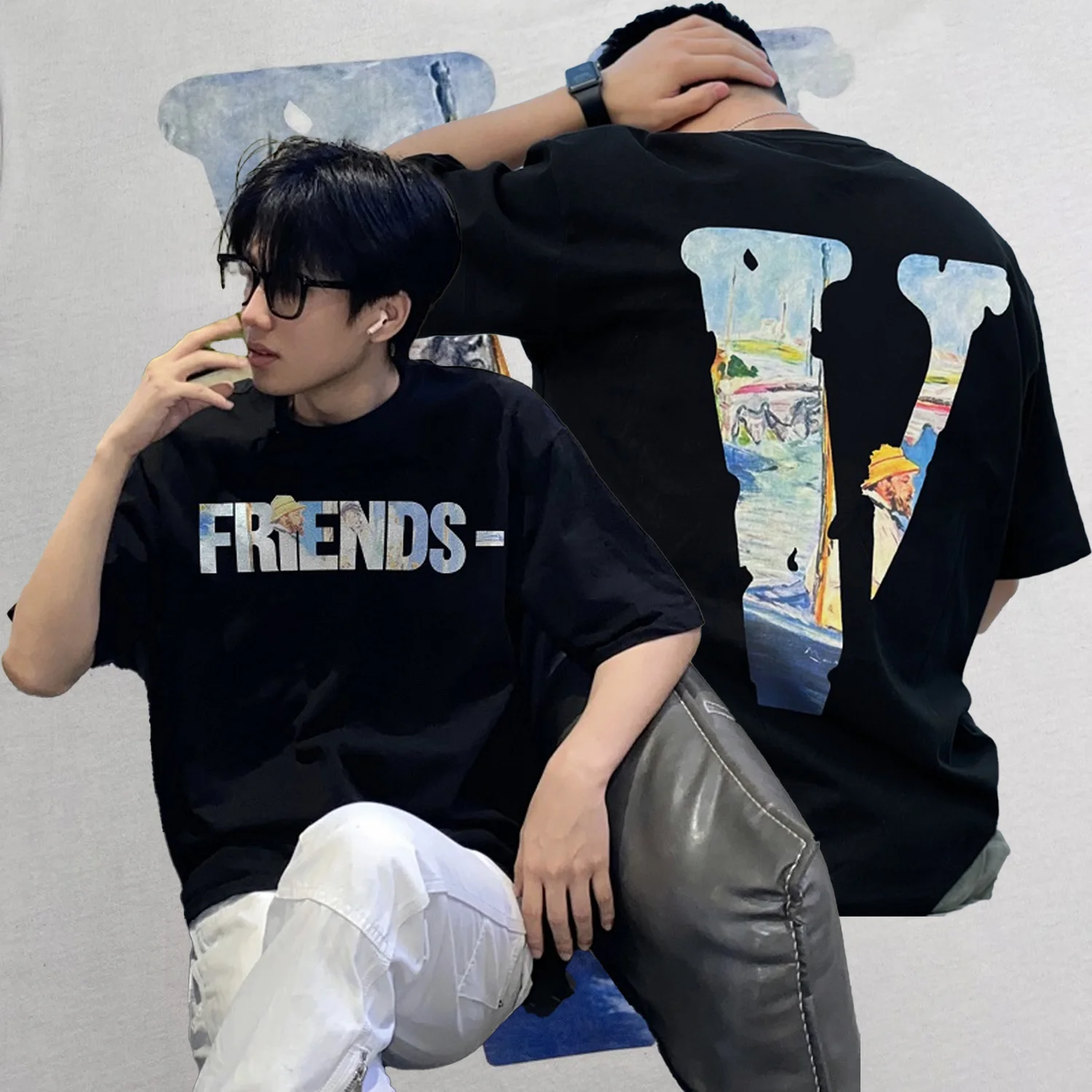 

[XNF Official Store]260 Of Grams Heavy CottonOil Painting Monet Big V Oversize Sports Vintage T-shirt Men's Women's Tops