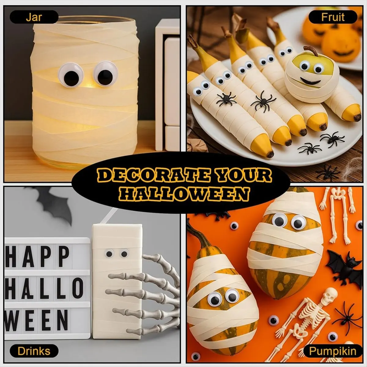 A77K 5 Rolls Halloween Masking Tape Decoration and 300 Pcs Black -Googly Eyes Self Adhesive 6mm 12mm 20mm for DIY Craft