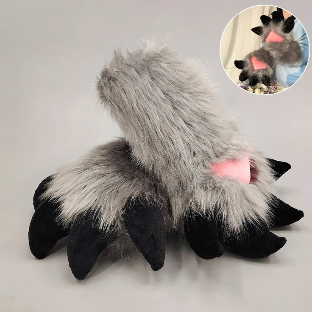 New Cartoon Animal Fursuit Paw Gloves with Nails Faux Fur Fursuit Claw Gloves Thicken Handmade Cosplay Dragon Paw Glove Gifts