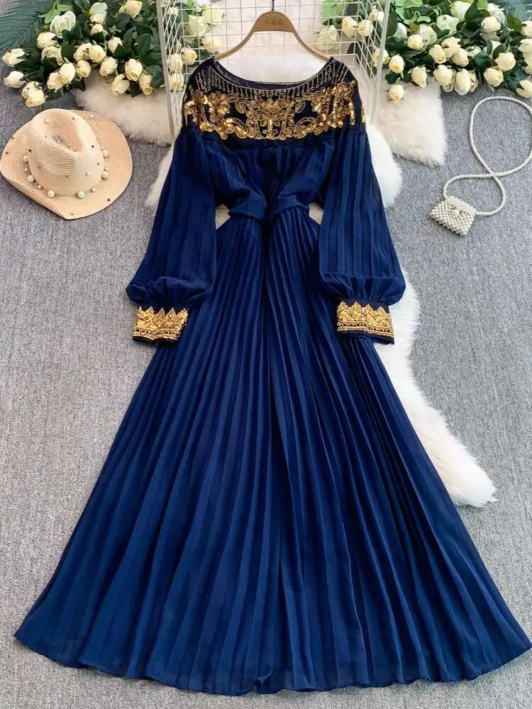Luxury Crystal Sequins Formal Evening Dress Women Summer Autumn Long Sleeve Pearl Chiffon Dresses Prom Party Maxi Vestidos