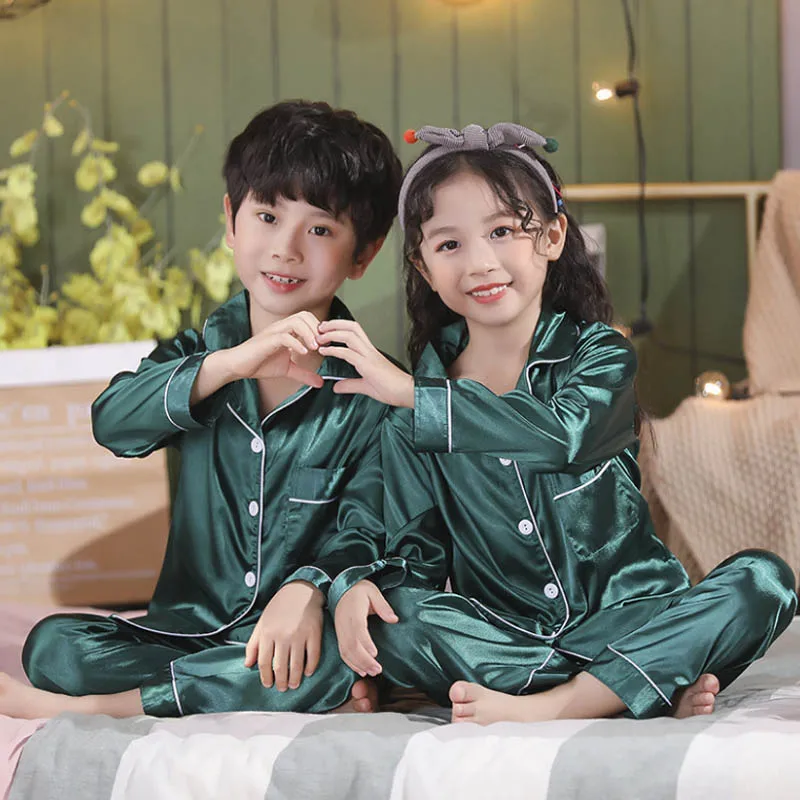 Children's Home Clothing Boys Pajamas Sets Satin Silk Pyjamas Long Sleeve Green Kids Pijamas with Buttons Loungewear Outfits Set