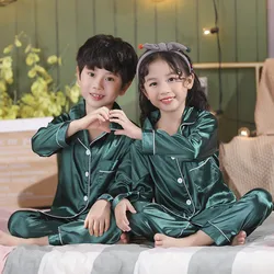 Children's Home Clothing Boys Pajamas Sets Satin Silk Pyjamas Long Sleeve Green Kids Pijamas with Buttons Loungewear Outfits Set