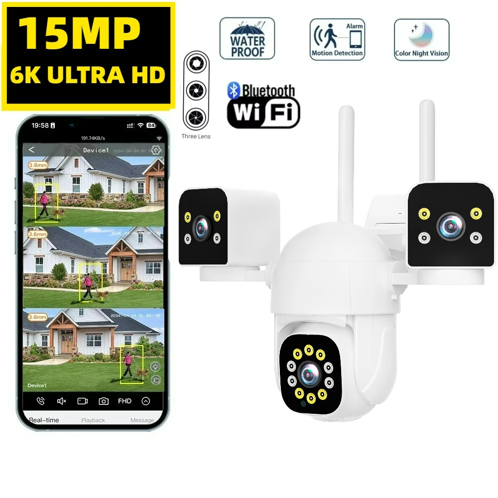 15MP 6K WIFI IP كاميرا خارجية تتبع الحركة PTZ 4K كاميرا فيديو ثلاثة عدسة ثلاثة شاشة نظام أمان مقاوم للماء O-KAM Pro