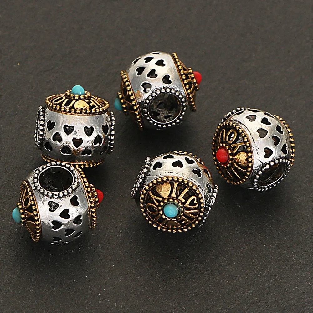 5Pcs 11x13MM Vintage Golden Silver Plated Cast Metal Striped Hollow Round Spacers Charms Large Hole Beads For Diy Jewelry Making