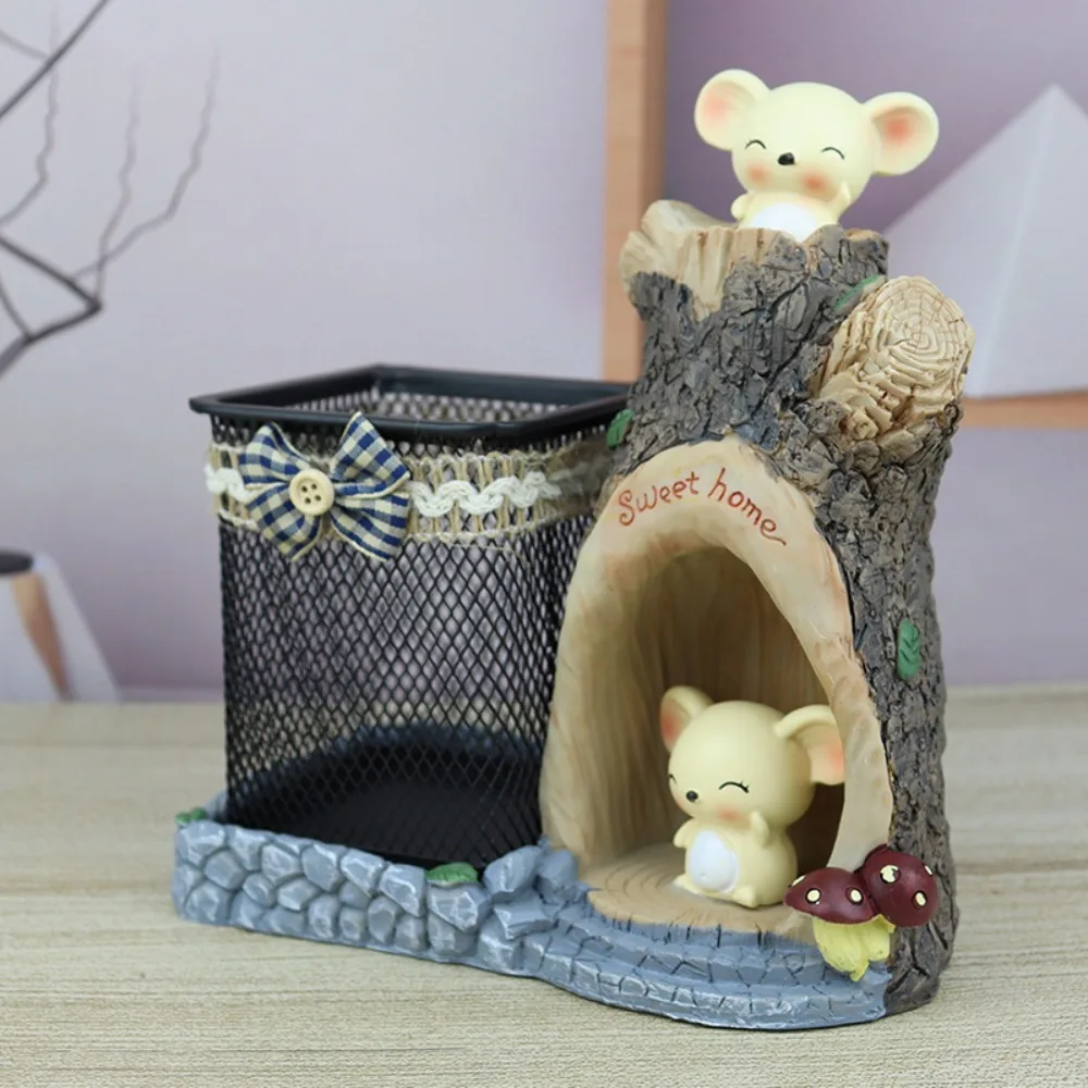 Large Capacity Pastoral Mouse Pen Holder Resin Metal Iron Bracket Desktop Storage Box Cute Multi-functional Tree Hole Pen Holder