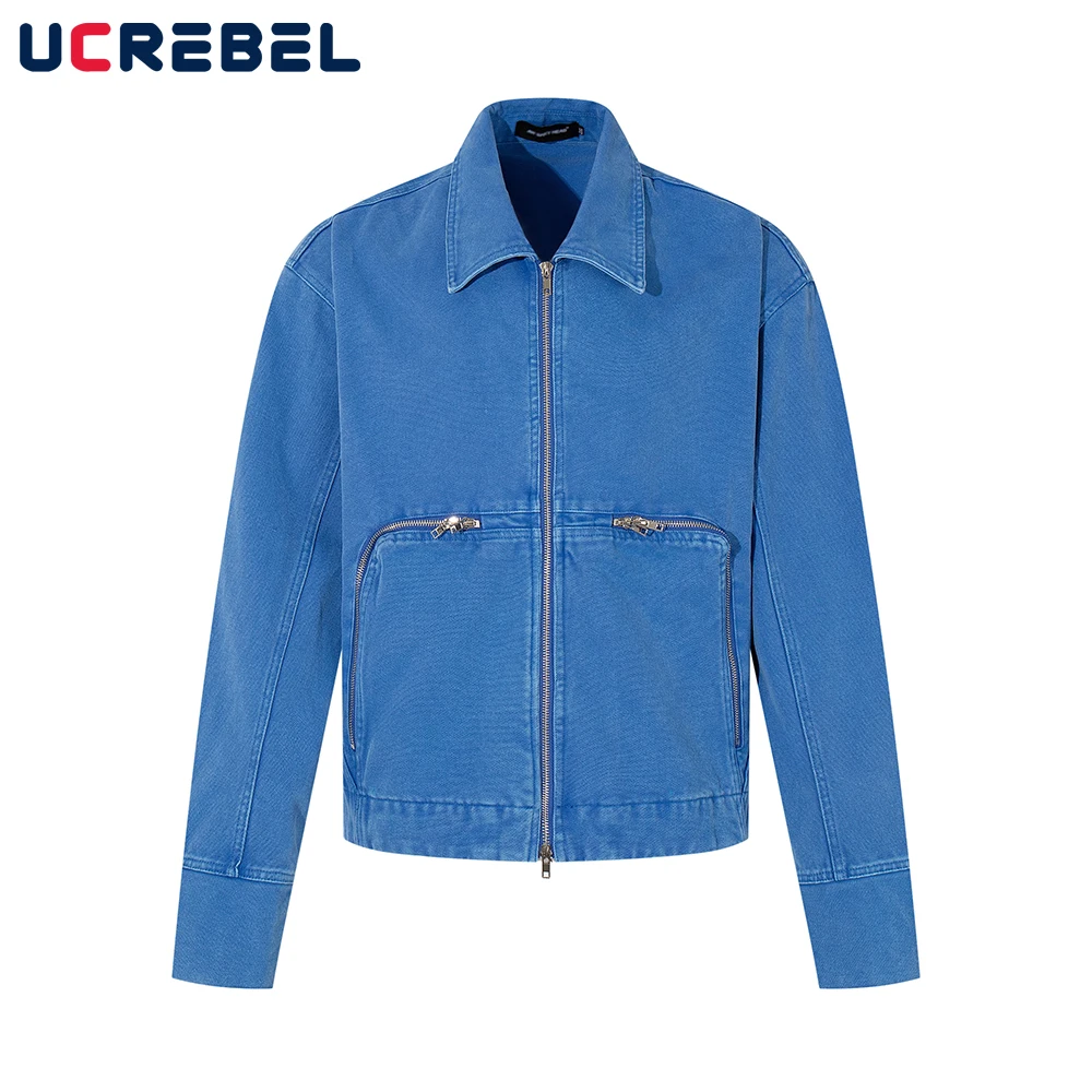 

Zipper Pocket Cargo Jacket Mens Spliced Autumn Winter High Street Lapel Long Sleeve Motorcycle Jacket Man Outerwear