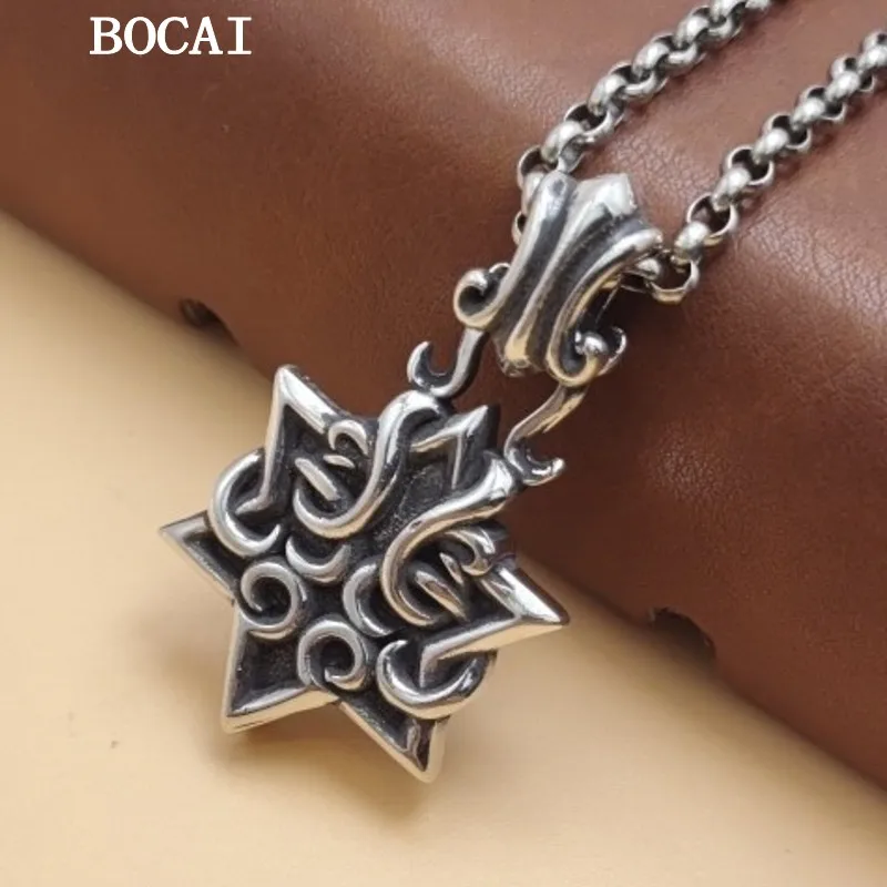 BOCAI S925 Sterling Silver Retro Personality Six Pointed Star Badge Trendy Pendant Men's and Women's Gift