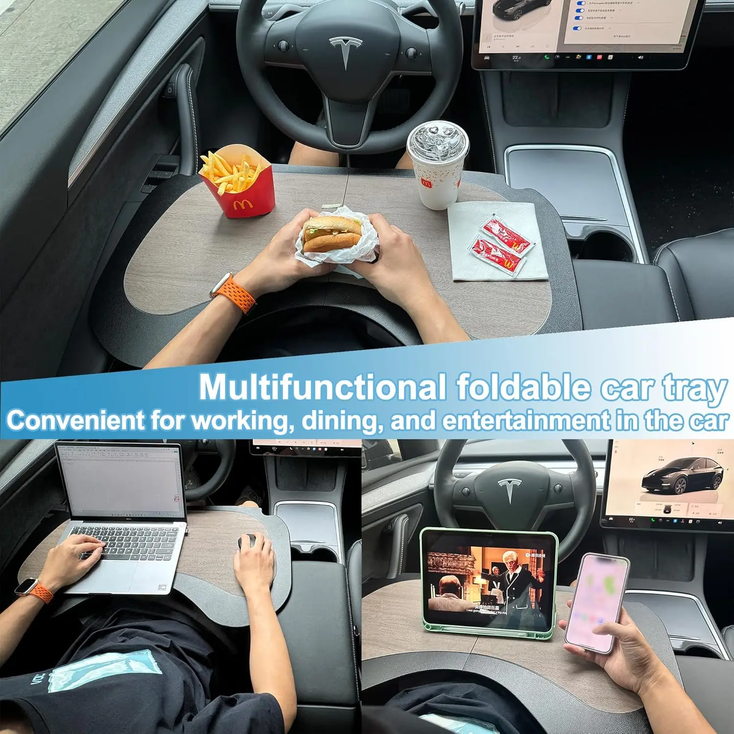 voor Tesla Model 3 Model Y Auto-laptoptafel, Auto-eettafelbak, Opvouwbaar groot multifunctioneel Tesla-autoblad